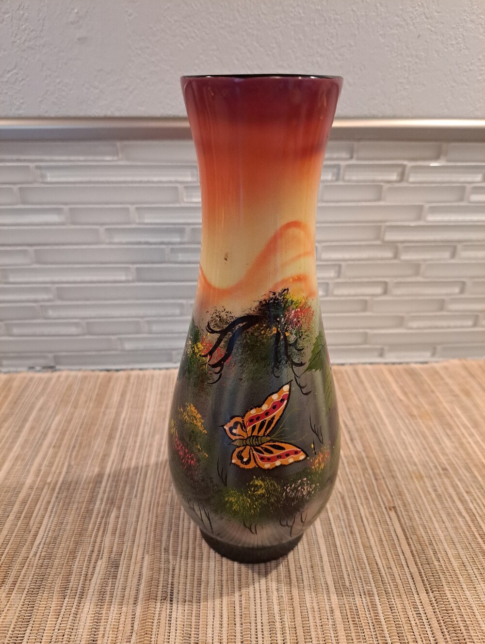 Hand Painted Oriental Style Wood Vase Mountains Flowers 8" Tall Vietnam - Picture 4 of 6